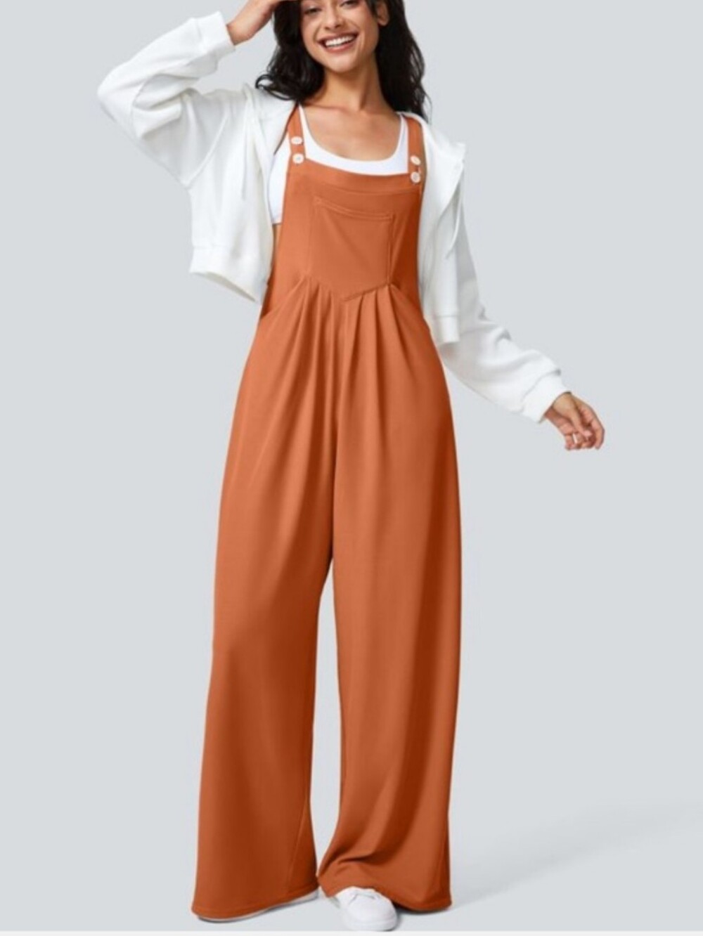 New HALARA Pockets Waffle Casual Overalls Apricot Orange Size Large Wide-leg